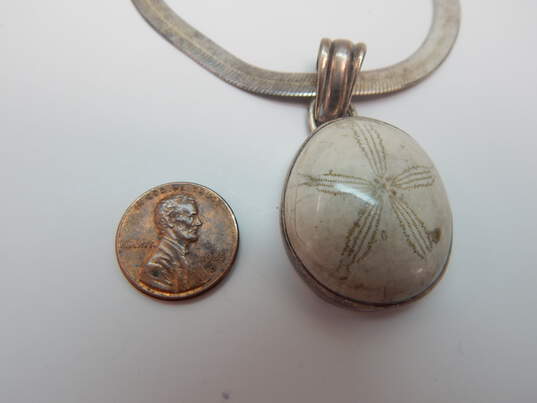 Artisan 925 Sand Dollar Fossil Cabochon Chunky Pendant Wide Herringbone Chain Necklace 31.9g image number 2