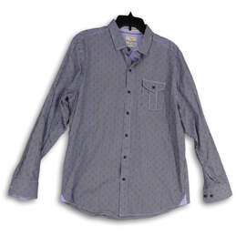 Mens Blue Striped Long Sleeve Front Pocket Collared Button-Up Shirt Size L