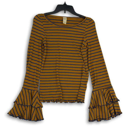 Womens Gold Blue Striped Bell Sleeve Hippie Pullover Blouse Top Size Small image number 3