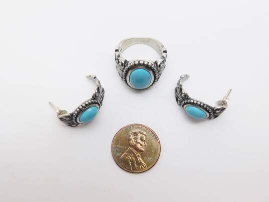 Avon 925 Southwestern Faux Turquoise Cabochon Dotted & Scrolled Curved Drop Post Earrings & Ring Set 11.8g image number 5