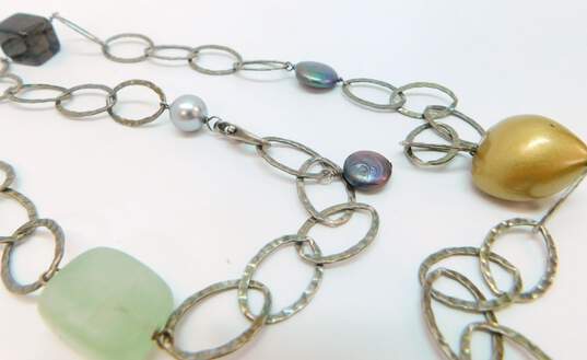 Artisan 925 Sterling Silver Smoky Quartz Agate & Faux Pearl Multi Stone Station Chain Necklace 64.7g image number 4