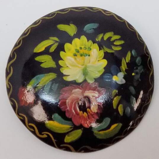 Vintage Black & Colorful Flowers Golden Accents Painted Circle & Oval Wood Brooches Variety 15.4g image number 5