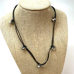 Designer Fossil Silver-Tone Double Strand Black Leather Cord Charm Necklace