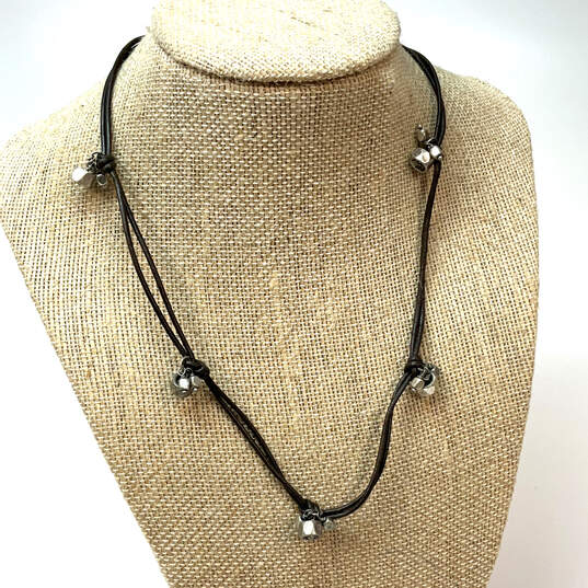 Designer Fossil Silver-Tone Double Strand Black Leather Cord Charm Necklace image number 1