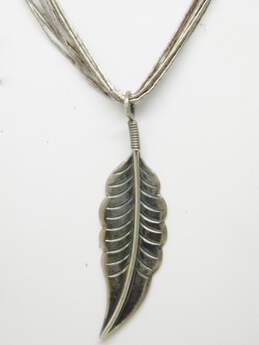 Artisan 925 Southwestern Stamped Feather Pendant Multi Strand Liquid Silver Chain Necklace 16.6g alternative image