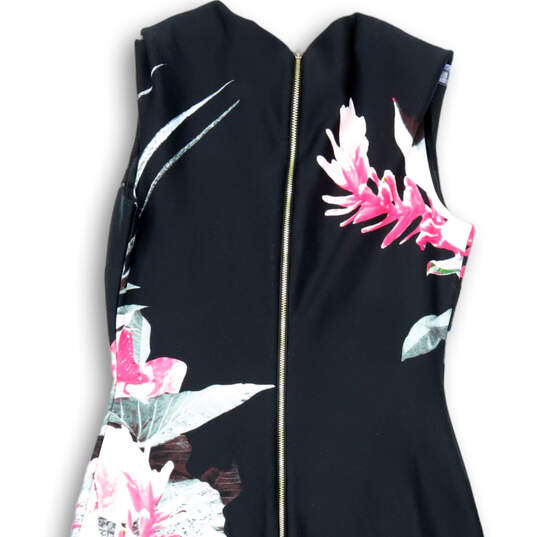 Womens Black Floral Sleeveless V-Neck Back Zip Comfort Sheath Dress Size XS image number 4