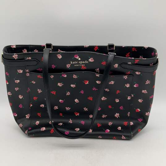 Kate Spade Womens Black Pink Floral Leather Double Handle Staci Laptop Tote Bag image number 1