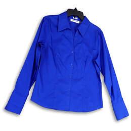 Womens Blue Long Sleeve Point Collar Regular Fit Button-Up Shirt Size 10