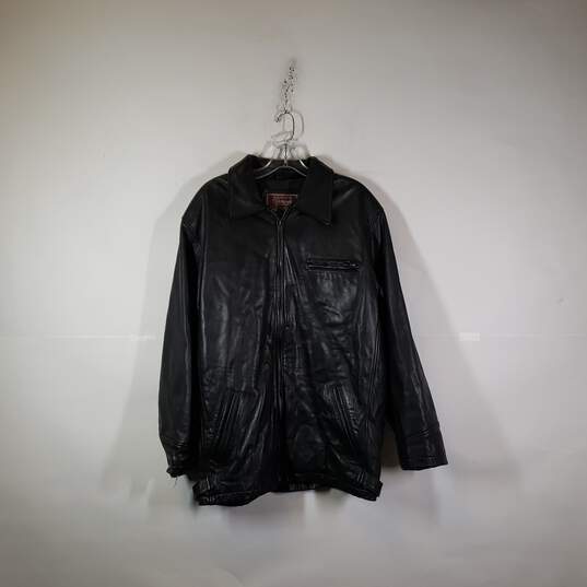Mens Collared Long Sleeve Full Zip Leather Motorcycle Jacket Size Medium image number 1