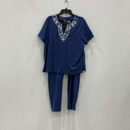 NWT Womens Blue Embroidered Blouse Top And Pull-On Pants Size L/XL
