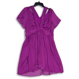 Anthropologie Womens Purple Short Sleeve Back Zip V-Neck Mini Dress Size 12