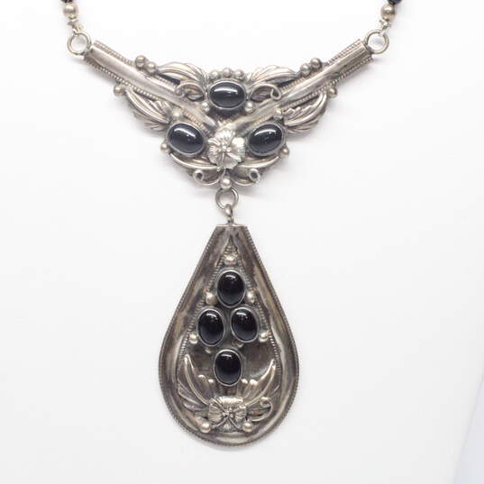 Vintage 1988 Sterling Silver Obsidian Statement Necklace - 50.2g image number 1