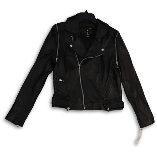 Womens Black Leather Long Sleeve Asymmetrical Zip Motorcycle Jacket Size M image number 1