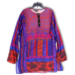 Womens Multicolor Embroidered Long Sleeve Side Slit Tunic Blouse Top Sz 14