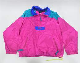 VTG 1980s-90s Columbia Fuchsia Pink & Green Radial Sleeve Women's Pullover Windbreaker Size XL