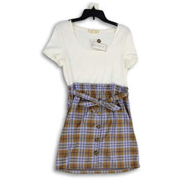 NWT Womens Multicolor Scoop Neck Short Sleeve Tie Waist Mini Dress Size L