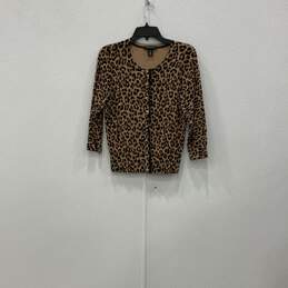 Womens Brown Black Cheetah Print Round Neck Button Front Cardigan Sweater Size M