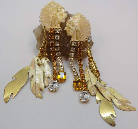 Vintage Lunch At The Ritz Goldtone Native American Chief Headdress Clear & Yellow Rhinestones & Cream Enamel Feathers Drop Post Earrings 35.2g image number 4