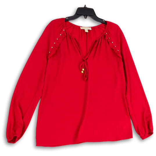 Womens Red V-Neck Long Sleeve Fashionable Blouse Top Size Medium image number 1