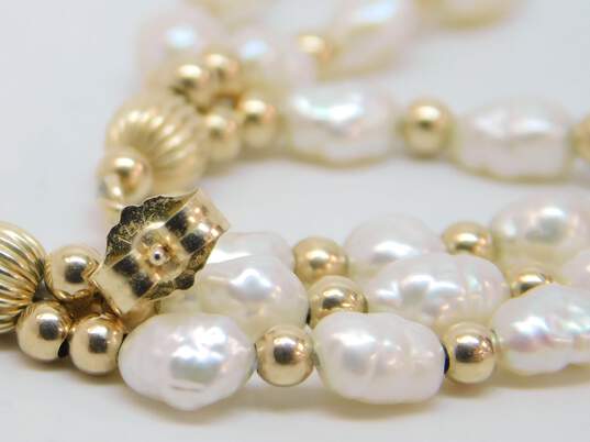 Romantic 14k Yellow Gold Bead & Freshwater Pearl Drop Earrings 2.1g image number 5