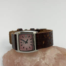Designer Fossil Silver-Tone Rectangle Pink Dial Leather Strap Analog Watch