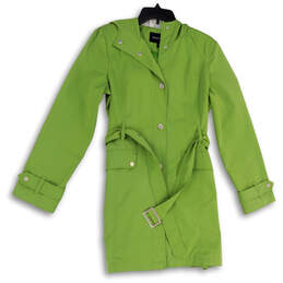 Womens Green Long Sleeve Waist Belt Flap Pockets Hooded Trench Coat Size M