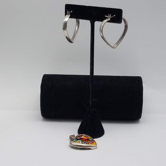 Sterling Silver Murano Glass Heart Pendant & Hoop Earrings Bundle 2pcs 16.9g image number 4