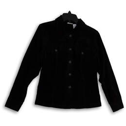 Womens Black Velvet Long Sleeve Collared Pockets Button Front Jacket Size S