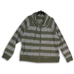 Calvin Klein Womens Gray Green Striped Funnel Neck Full-Zip Jacket Size 3X
