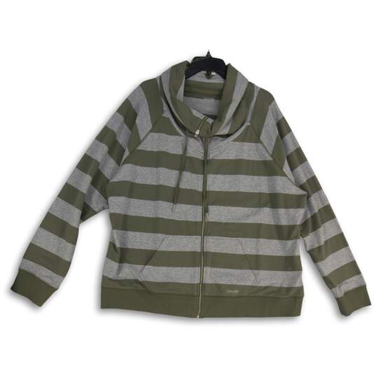 Calvin Klein Womens Gray Green Striped Funnel Neck Full-Zip Jacket Size 3X image number 1
