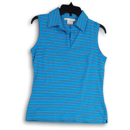 Womens Blue Striped Sleeveless Collared Side Slit Pullover Polo Shirt Size S