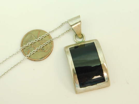 Taxco & Mexican Modernist 925 Sterling Silver Onyx Inlay Pendant Necklace & Cut Out Ring 14.8g image number 5