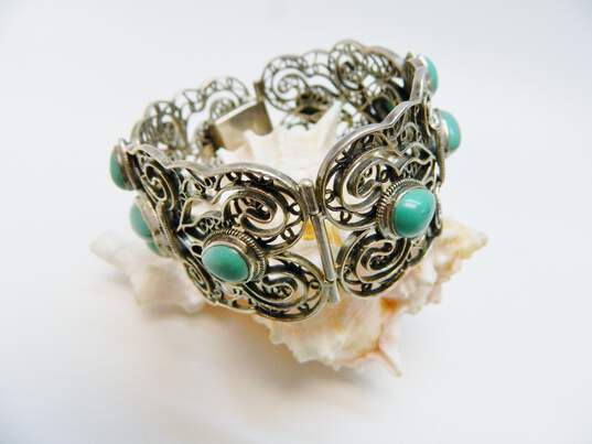 Artisan BJ 925 Turquoise Cabochons Flowers Open Scrolled Wide Panel Bracelet 54.3g image number 1