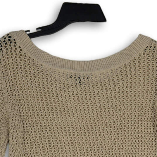 Womens Tan Open Knit Round Neck Long Sleeve Pullover Sweater Size Medium image number 4