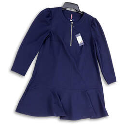 NWT Womens Blue Crew Neck Long Sleeve 1/4 Zip Short A-Line Dress Size 8P