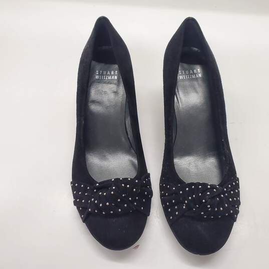 Stuart Weitzman Studded Bow Black Suede Low Wedge Pumps Women's Size 6M image number 2