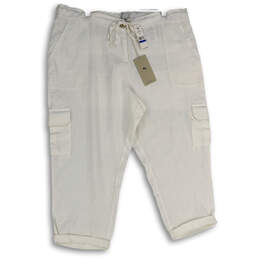 NWT Womens White Flat Front Cargo Pocket Drawstring Capri Pants Size XL