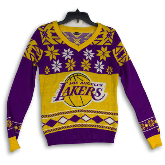Womens Yellow Purple Snowflake Los Angeles Lakers Pullover Sweater Size M image number 1