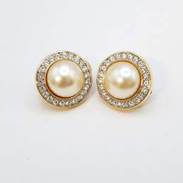 Swarovski Gold Tone Crystal Faux Pearl Dome Clip - On Earrings 20.7g