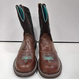 Ariat Western Style Pull On Brown Boots w/Teal Embroidery Size 9