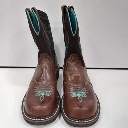 Ariat Western Style Pull On Brown Boots w/Teal Embroidery Size 9 image number 1