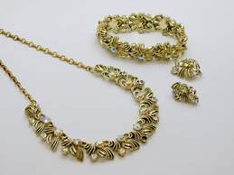 Vintage Coro Goldtone Aurora Borealis Rhinestones Textured Panels Necklace Clip On Earrings & Bracelet Set 96.3g