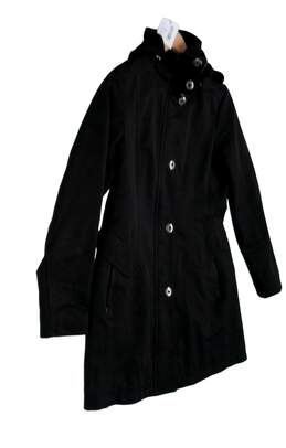Womens Black Long Sleeve Hooded Button Front Trench Coat Size Small alternative image