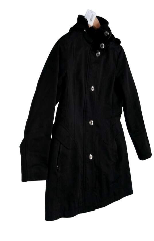 Womens Black Long Sleeve Hooded Button Front Trench Coat Size Small image number 2