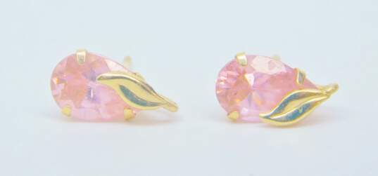 14K Gold Pink Cubic Zirconia Faceted Teardrop Leaf Accent Post Earrings 0.9g image number 3