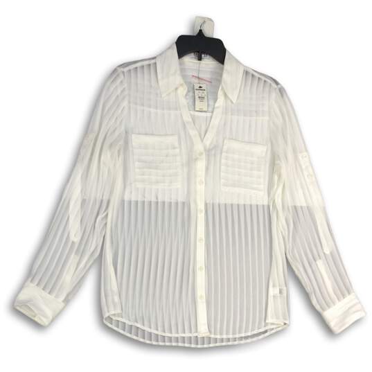 NWT Express Womens White Striped Long Sleeve Sheer Button-Up Shirt Size Medium image number 1