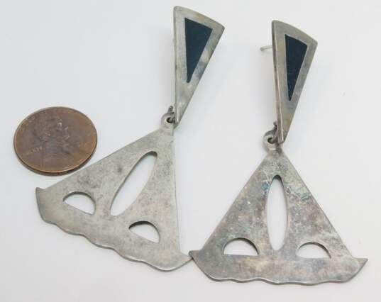 Taxco Mexico 925 Modernist Black Enamel Inlay & Cut Outs Triangles Drop Post Statement Earrings 21.3g image number 5