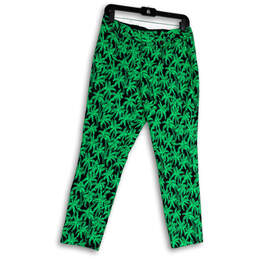 Womens Green Black Palm Tree Print Flat Front Slim Fit Ankle Pants Size 4