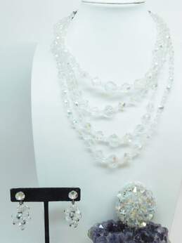 Vintage Aurora Borealis Necklaces Brooch & Clip On Earrings 103.4g
