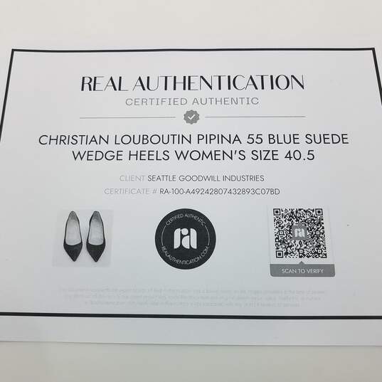 AUTHENTICATED Christian Louboutin Pipina Blue Suede Wedge Heels Size 40.5 image number 6